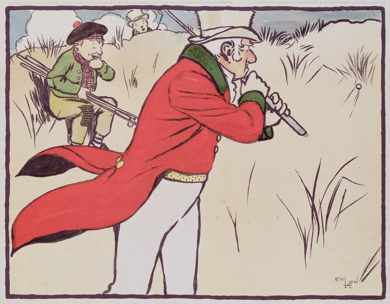 Arg golfspelare som kör sin boll i skrubben medan hans caddie försöker hindra sig själv från att skratta, 1901 av Cecil Charles Windsor Aldin