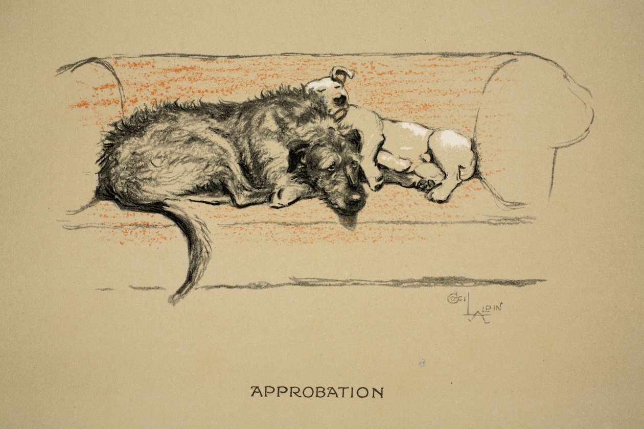 Approbation, 1930, första upplagan av "Sleeping Partners", Aldin, Cecil Charles Windsor (1870-1935), utgiven av Eyre and Spottiswoode Limited, krita och kol på papper. av Cecil Charles Windsor Aldin