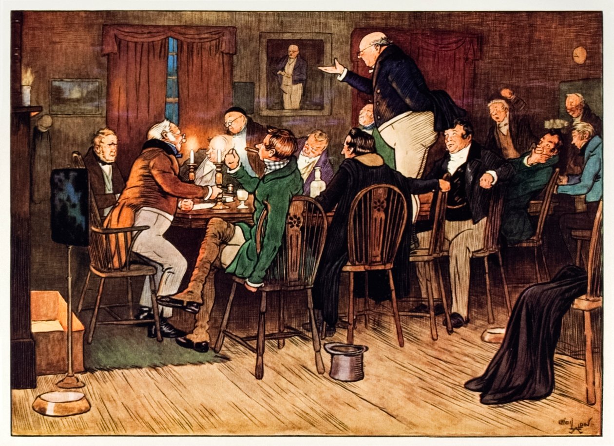 Frontispice som visar The Pickwick Club från The Posthumous Papers of the Pickwick Club av Charles Dickens av Cecil Charles Windsor Aldin