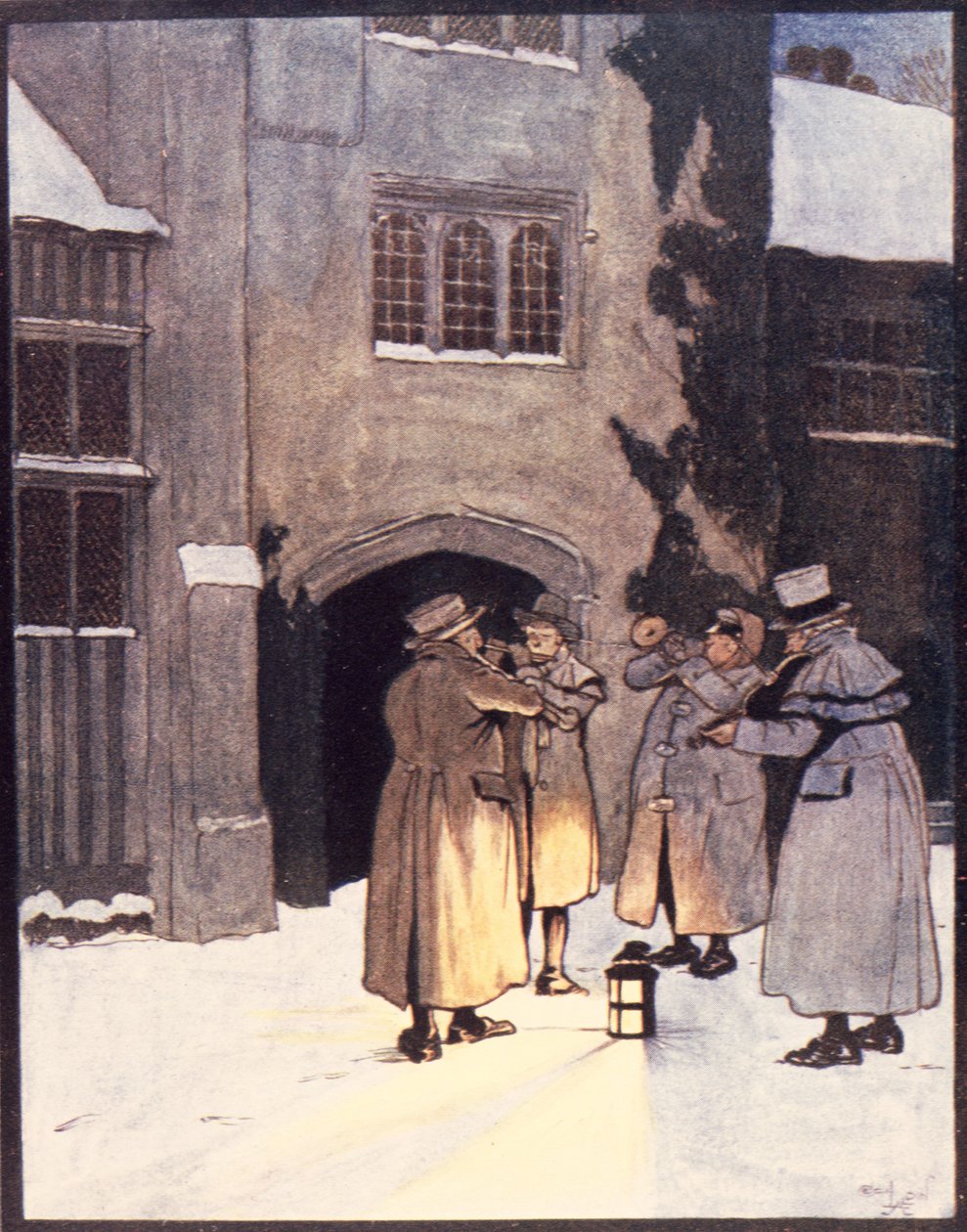 "De gick runt i huset och lekte under fönstren", illustration från "Old Christmas" av Washington Irving (1783-1859) publicerad av Hodder och Stoughton, 1908 av Cecil Charles Windsor Aldin