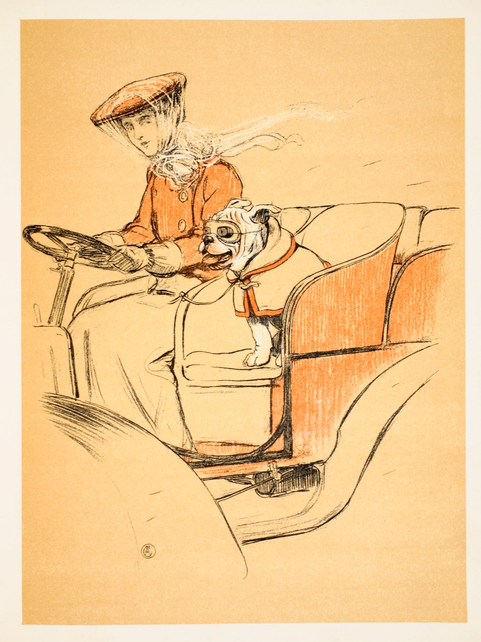 Framme i min älskarinnas bil", Cecil Aldon (1870-1935). Ur "A Gay Dog, Story of a Foolish Year" utgiven av William Heinman, 1905, första upplagan, illustrationer, krita och krita på papper. av Cecil Charles Windsor Aldin