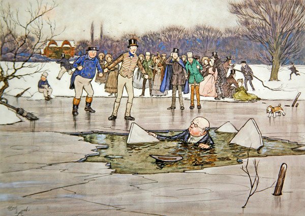 "Ett ansikte, huvud, axlar dök upp under vattnet och avslöjade Mr Pickwicks drag och glasögon" av Cecil Charles Windsor Aldin
