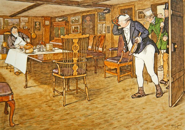 "Vid bordet satt herr Tupman och såg så olik en man som tagit avsked från denna värld som möjligt" av Cecil Charles Windsor Aldin