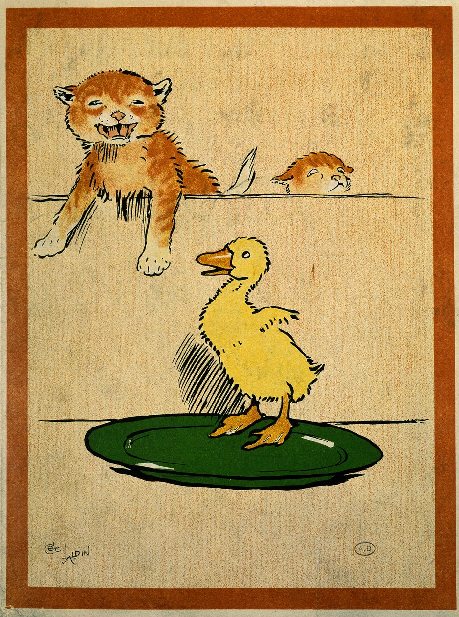 Katter och anka. Teckning av Cecil Aldin (1870-1935). Paris, Dekorativ konst av Cecil Charles Windsor Aldin