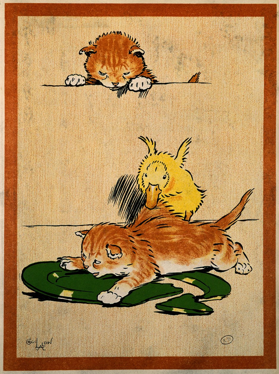 Katter och anka. Teckning av Cecil Aldin (1870-1935). Paris, Dekorativ konst av Cecil Charles Windsor Aldin