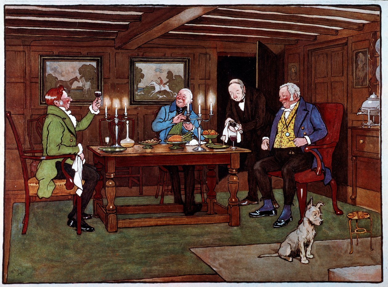 Konnässörer Drickare njuter av ett glas portvin. Akvarell av Cecil Aldin (1870-1935) Privat samling från 1800-talet av Cecil Charles Windsor Aldin