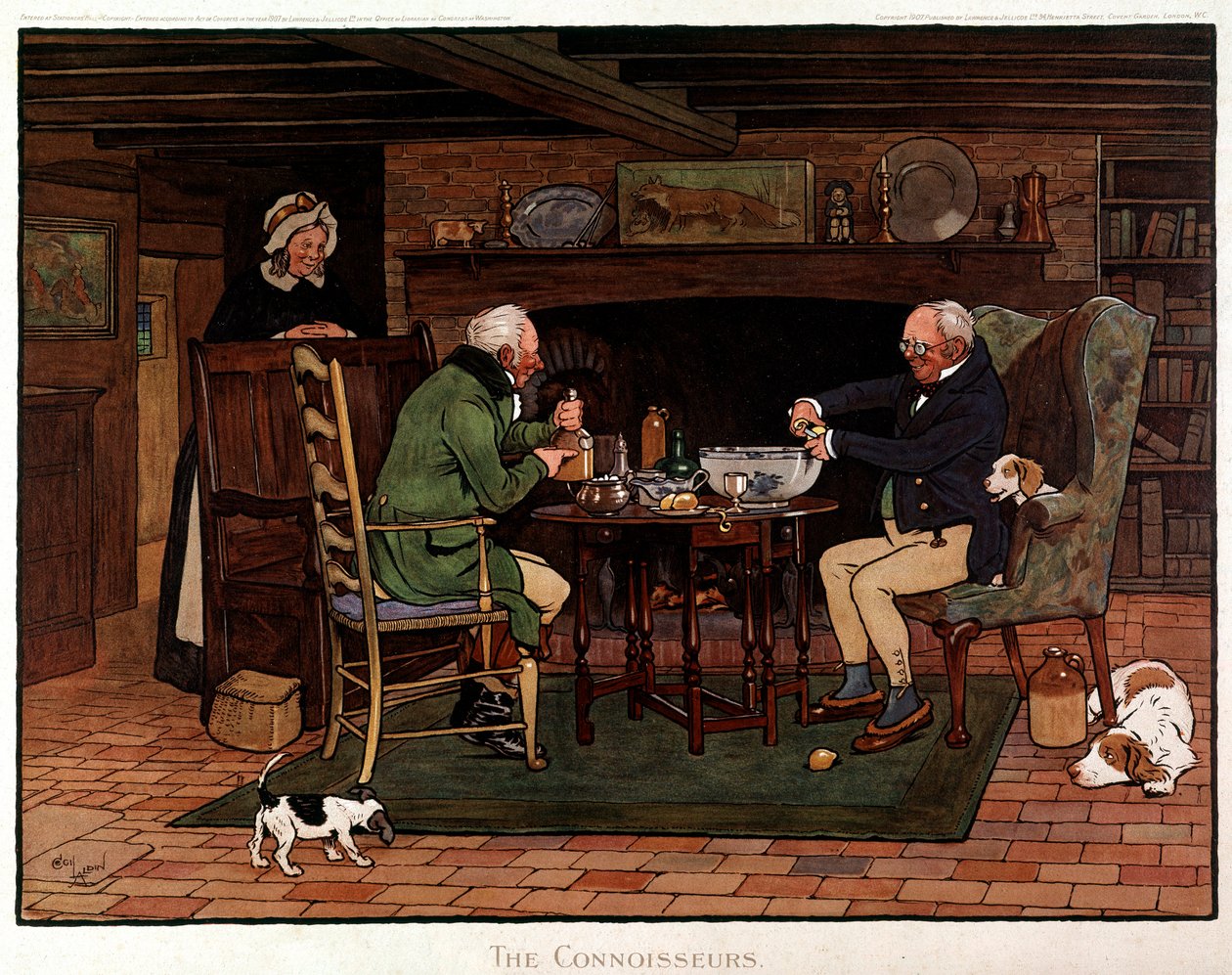Connoisseurs Två engelska förbereder punch. Akvarell av Cecil Aldin av Cecil Charles Windsor Aldin