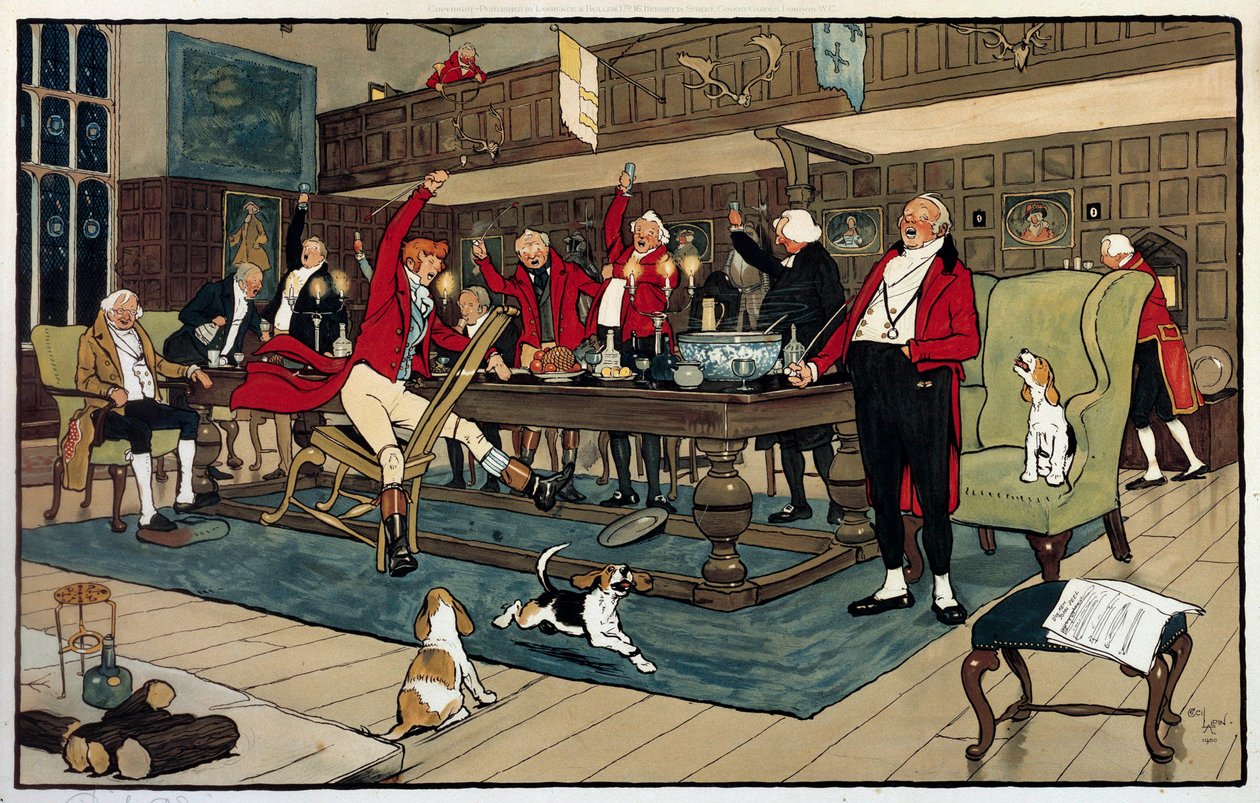 Jägarens frukost. Tillbaka från jakten berättar jägarna om sina bedrifter. Gravyr av Cecil Aldin (1870 -? ), England. Coll. Gå. av Cecil Charles Windsor Aldin