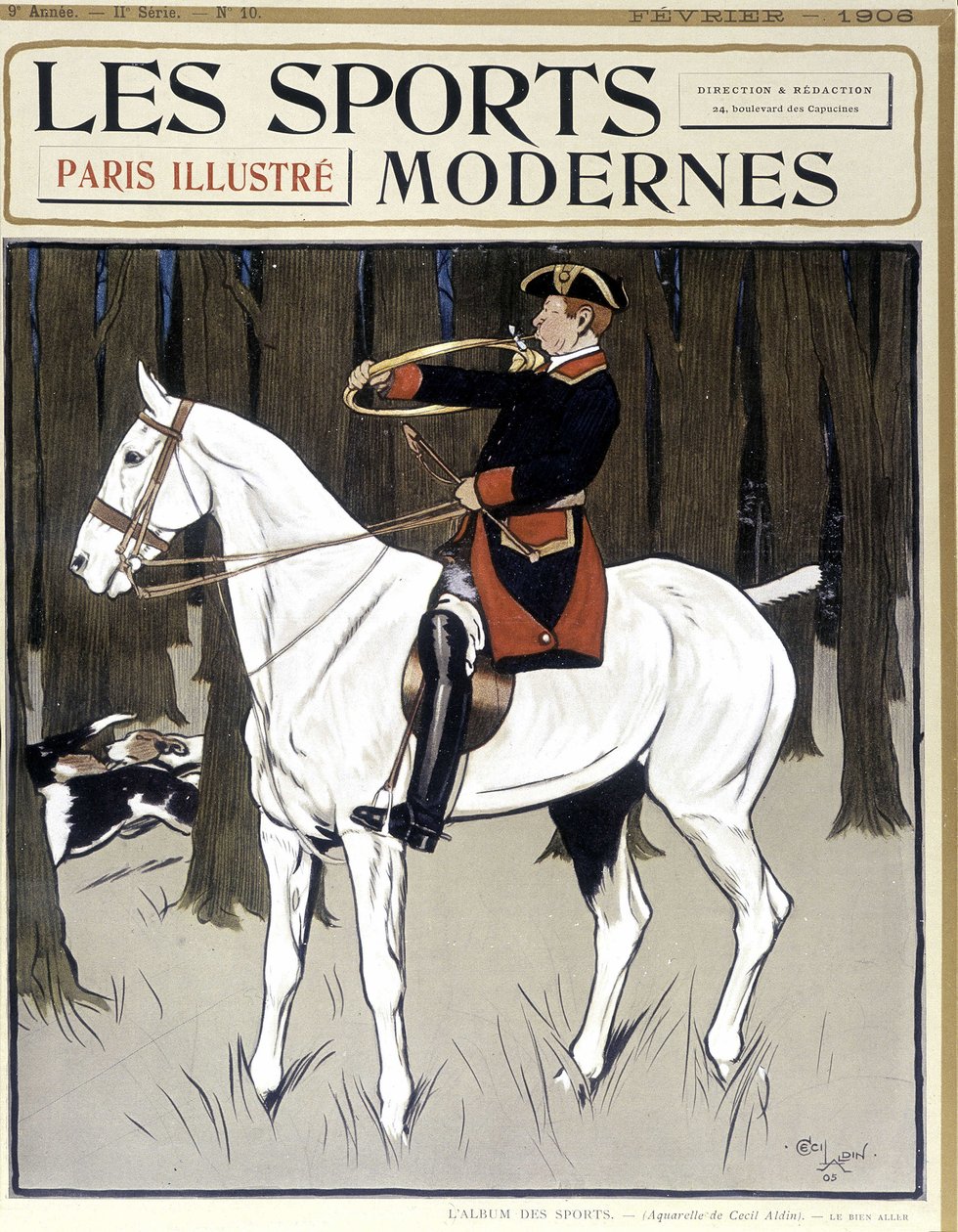 Jakt (en man till häst som uppmuntrar hundar) Omslag "" Modern Sports"" 02/1906 av Cecil Charles Windsor Aldin