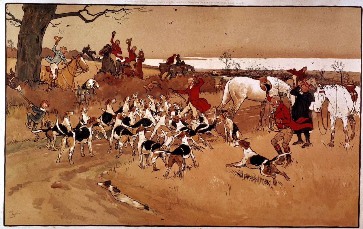 Jaktscen sprang; skytte. Gravyr av Cecil Aldin (1870 -?), England. Coll. Del av Cecil Charles Windsor Aldin