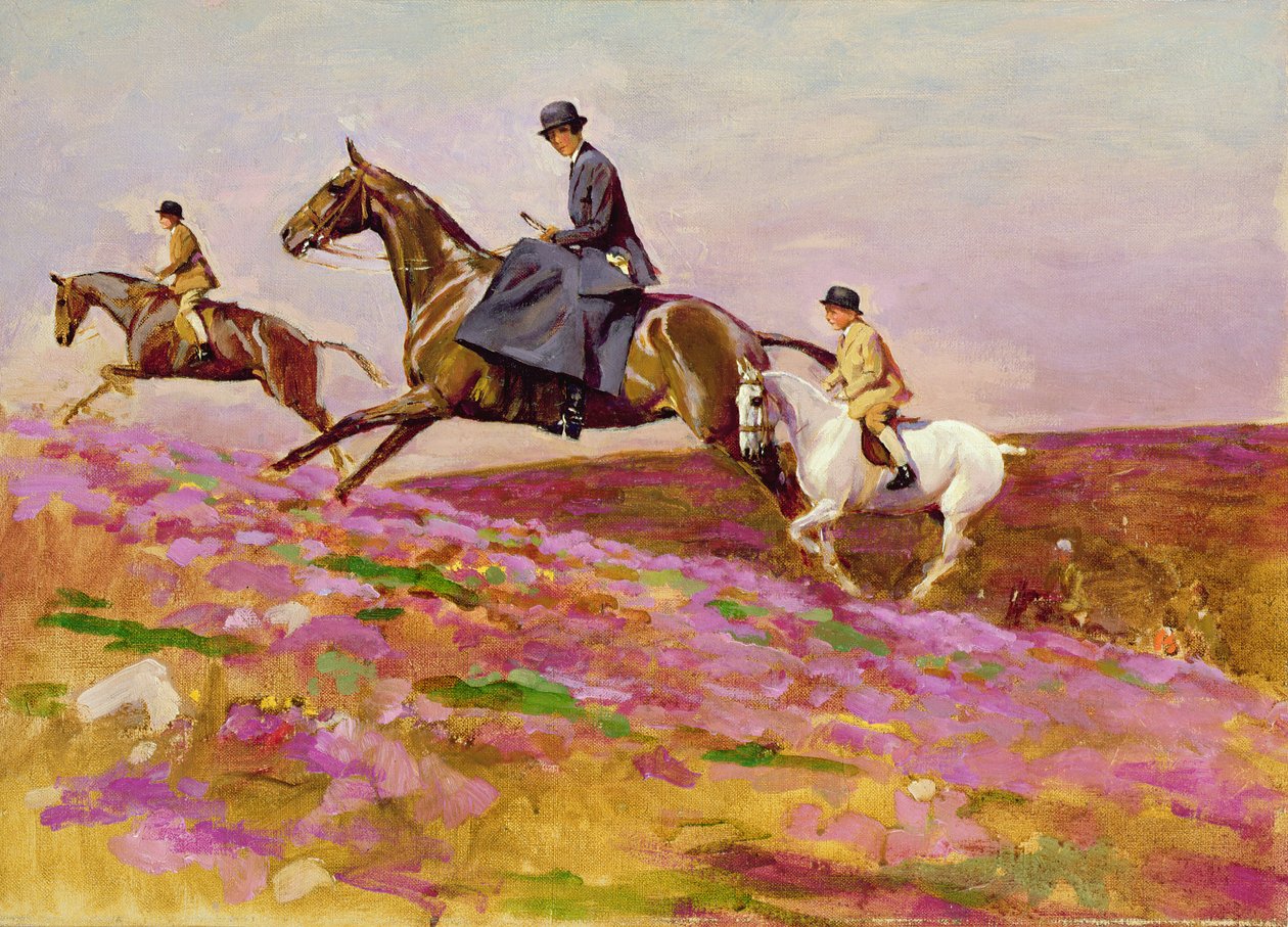 Lady Currie med sina söner Bill och Hamish Hunting på Exmoor (olja på duk) av Cecil Charles Windsor Aldin