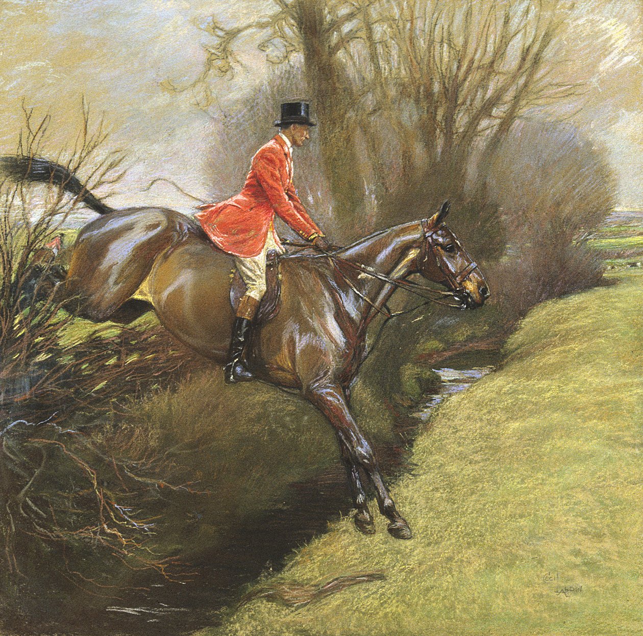 Överstelöjtnant Ted Lyon Jumping a Hedge (pastellfärgad på papper) av Cecil Charles Windsor Aldin