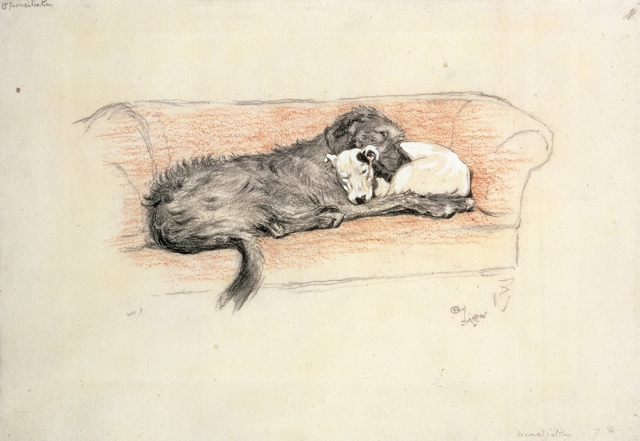 Försoning; Varghund och bullterrier sover i en soffa (pastellfärgad på papper) av Cecil Charles Windsor Aldin