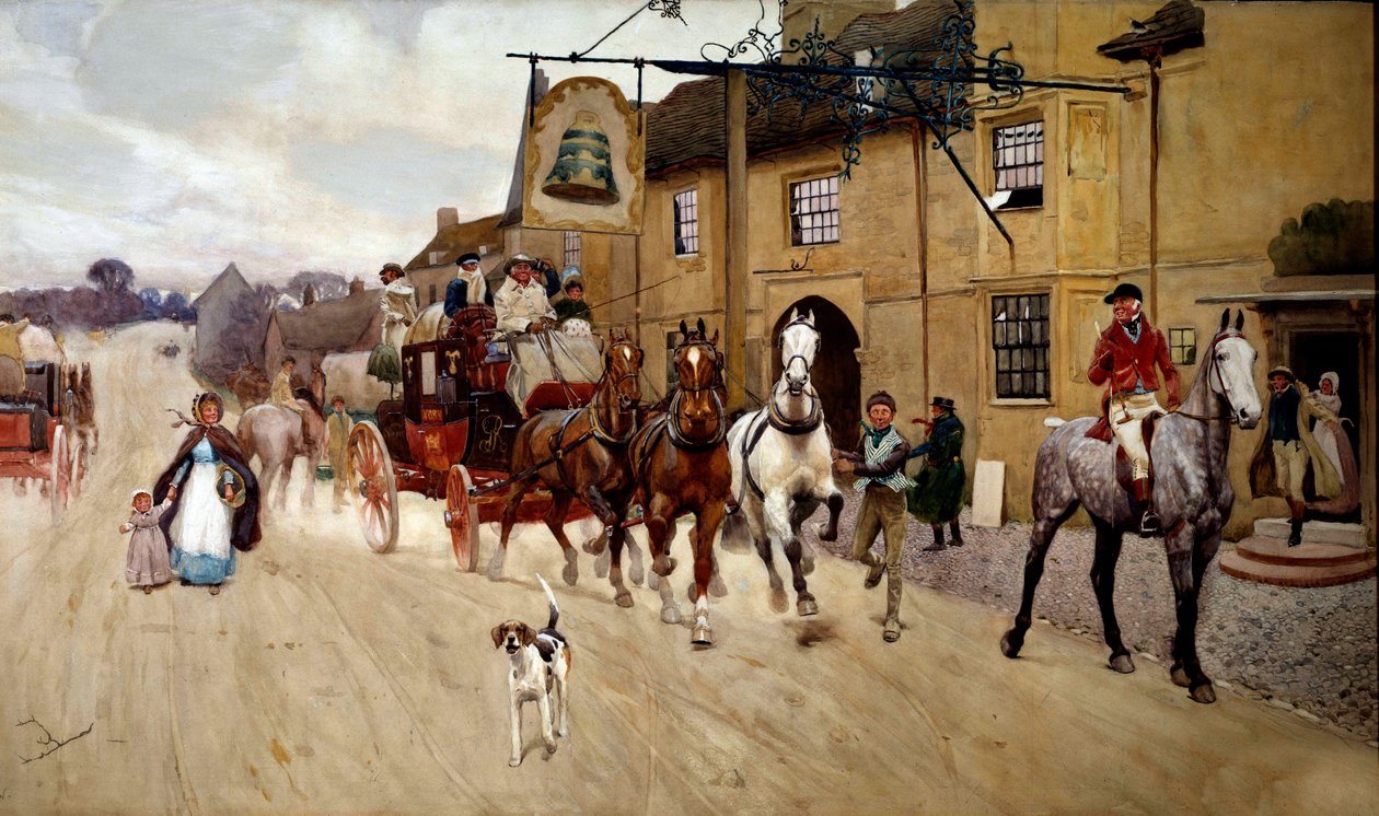 Stoppa flit framför värdshuset i klockan i Stilton Watercolor av Cecil Aldin (1870-1935) 1800-tals privatsamling av Cecil Charles Windsor Aldin