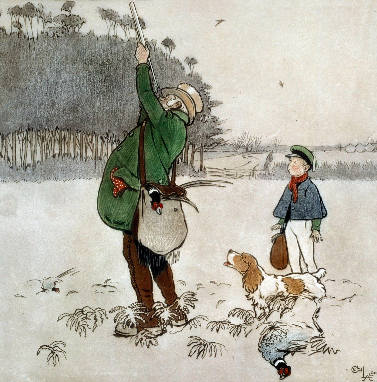 The Fighter Shooting Ducks Akvarell av Cecil Aldin (1870-1935) Privat samling från 1800-talet av Cecil Charles Windsor Aldin