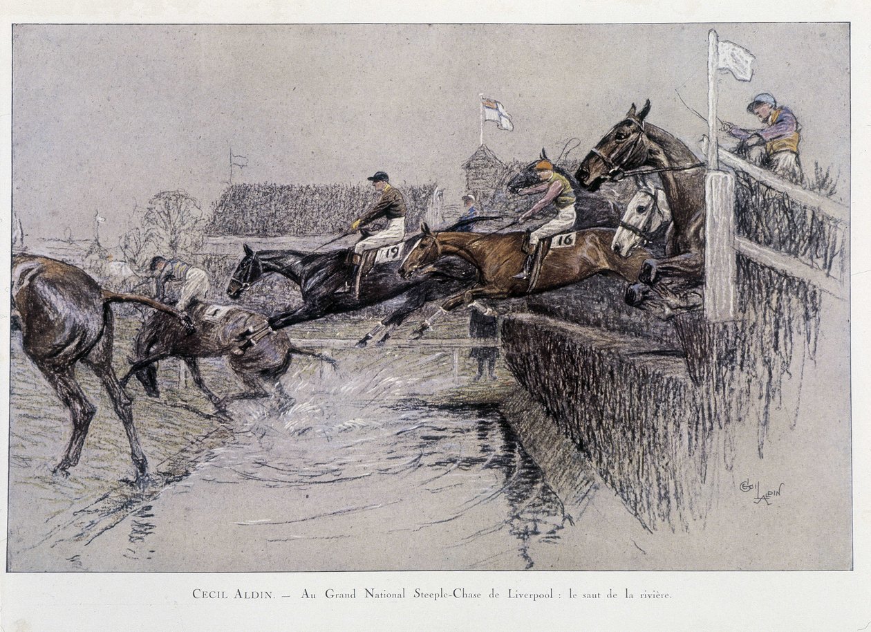 The Grand National Steeplechase in Liverpool: The Jumping of the River - teckning av Cecil aldin av Cecil Charles Windsor Aldin