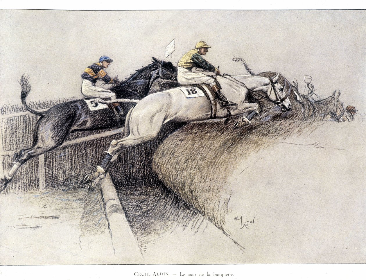 The Grand National Steeplechase i Liverpool: hoppet från bänken - teckning av Cecil aldin av Cecil Charles Windsor Aldin