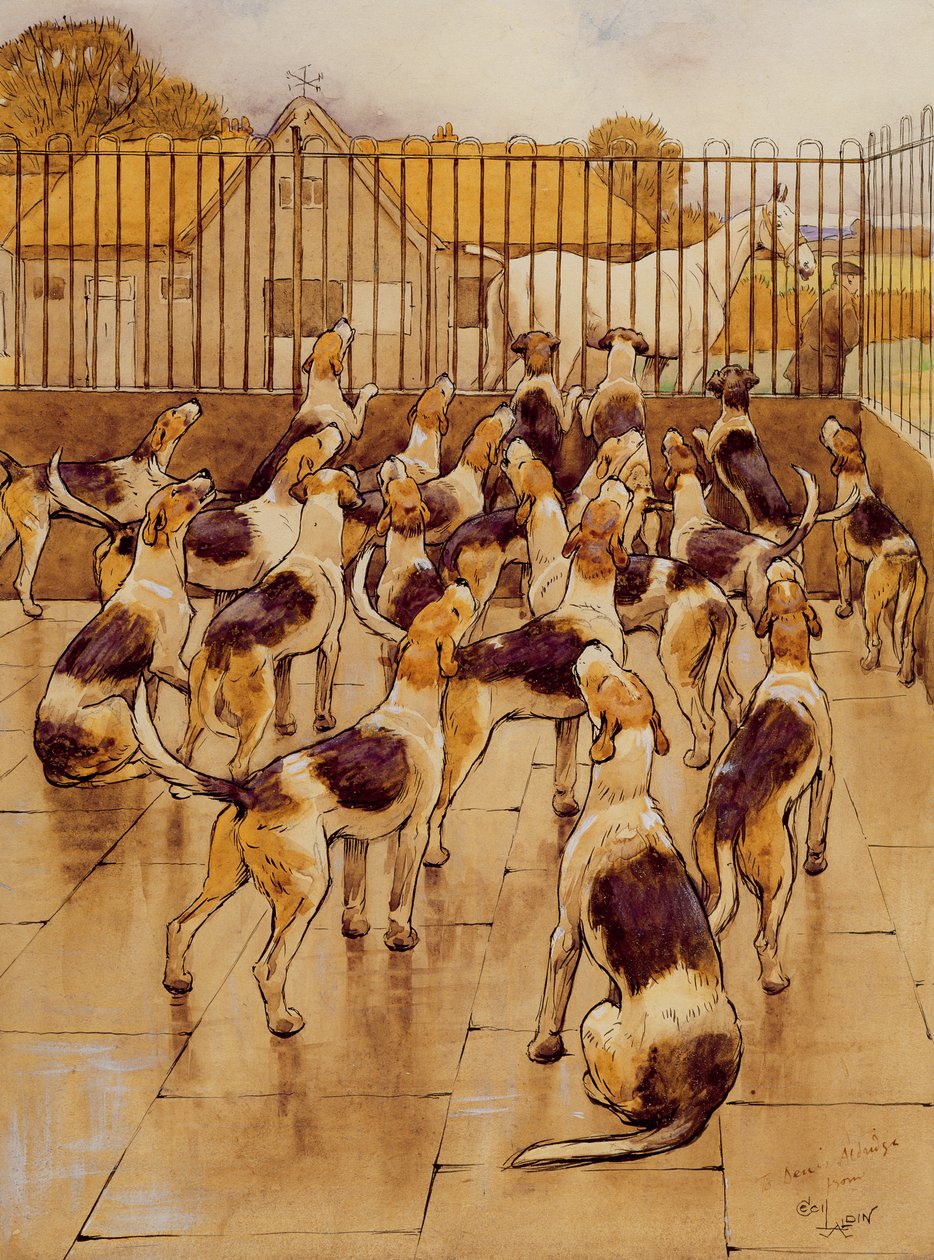 The Hounds började plötsligt yla i kör (grafit, penna och bläck och wc på papper) av Cecil Charles Windsor Aldin