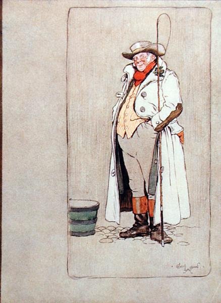 The Stage Coachman, illustration från "Old Christmas" av Washington Irving (1783-1859) publicerad av Hodder och Stoughton av Cecil Charles Windsor Aldin