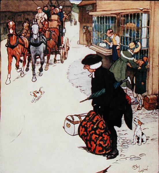 "Tornet, som ljuder vid ingången till en by, skapar ett allmänt liv", illustration från "Old Christmas" av Washington Irving (1783-1859) publicerad av Hodder och Stoughton av Cecil Charles Windsor Aldin