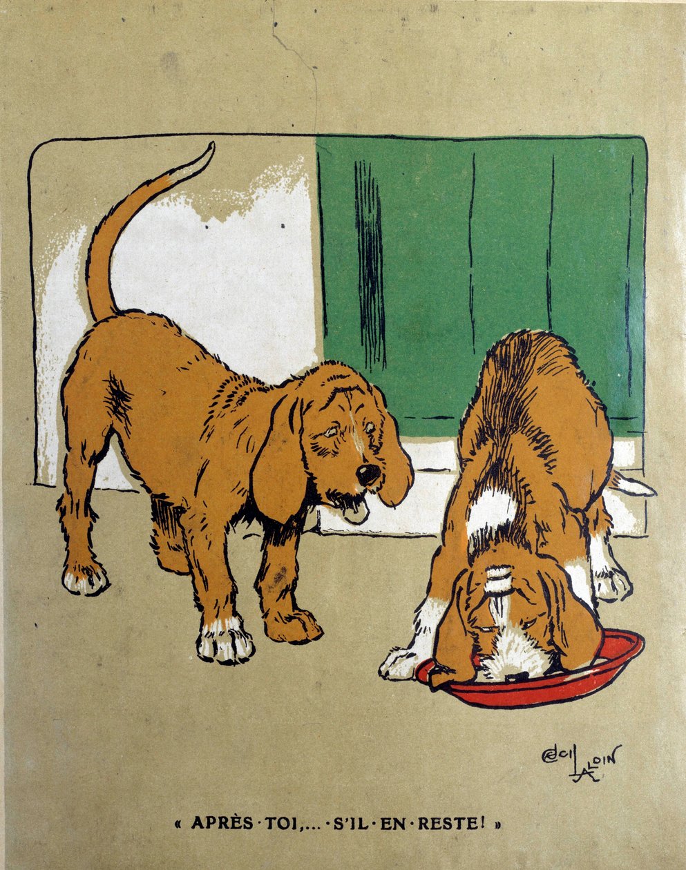 Den starkastes lag: ”Efter dig, om det finns någon kvar...” Den ena hunden låter den andra äta och avsluta skålen. Teckning av Cecil Aldin (1870-1935) 1800-talet. Paris, Dekorativ konst av Cecil Charles Windsor Aldin