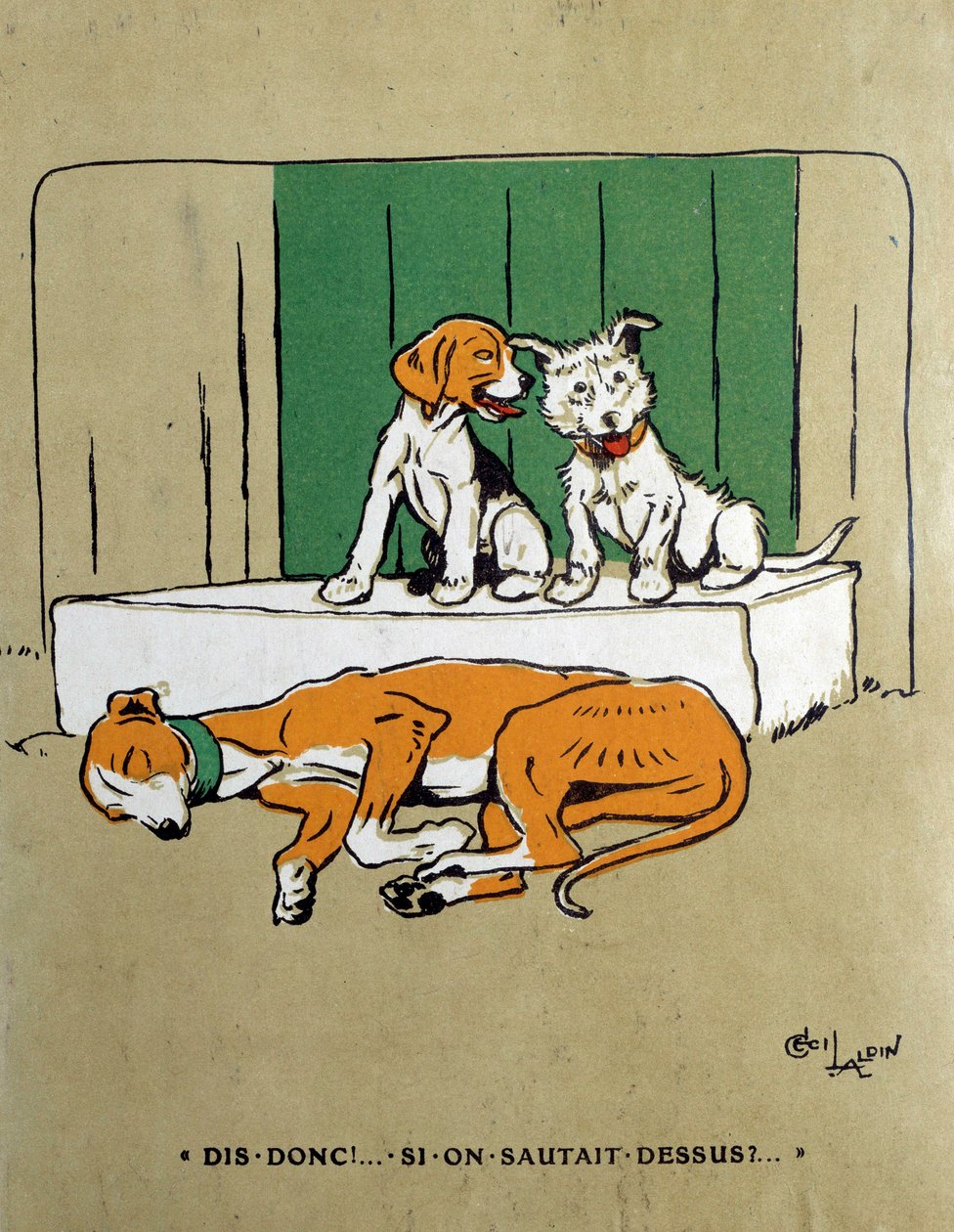 Varför hoppar vi inte på två hundar som tvekar att väcka en sovande jäst? Akvarell av Cecil Aldin (1870-1935) 1800-talets Paris, dekorativ konst av Cecil Charles Windsor Aldin