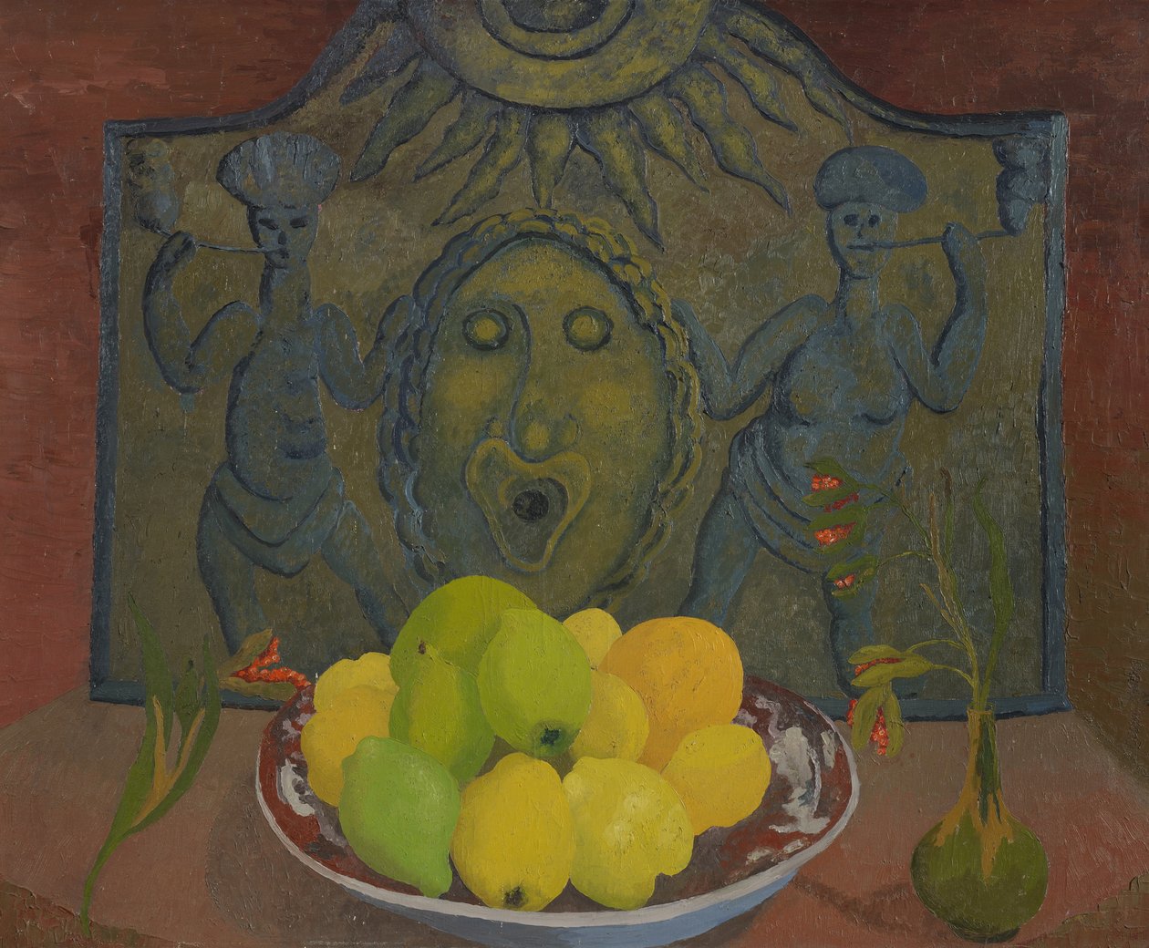 Stilleben före Sussex fireback (olja på duk) av Cedric Morris