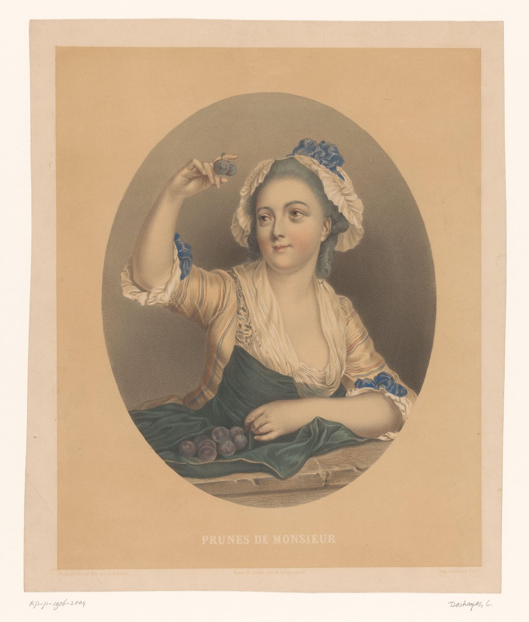 Ung kvinna med plommon Prunes de Monsieur (titel på objekt) av Celestin Deshayes