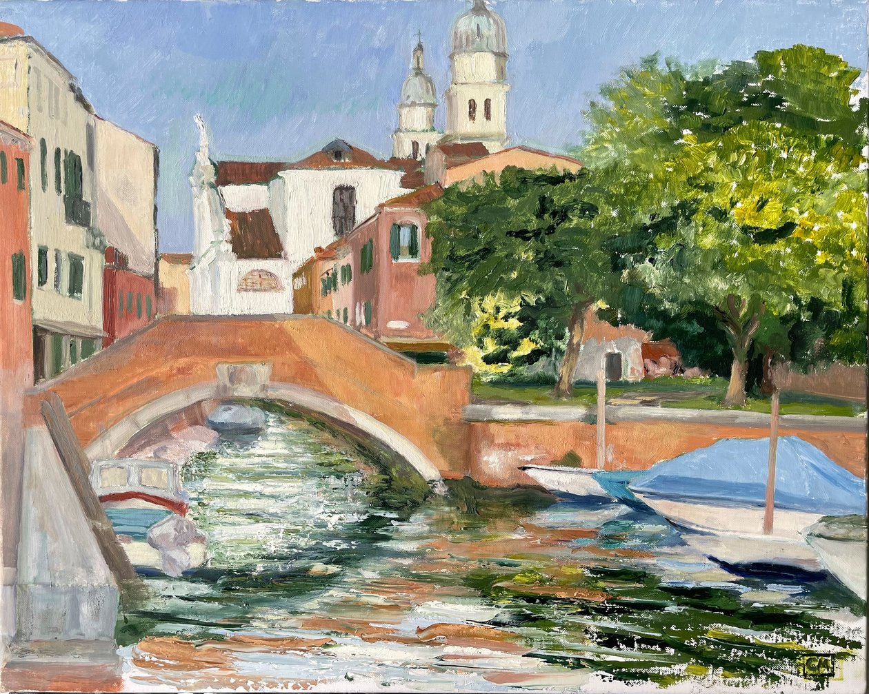 Kvällssol i Dorsoduro, Venedig 2025 (olja på duk) av Celia Montague