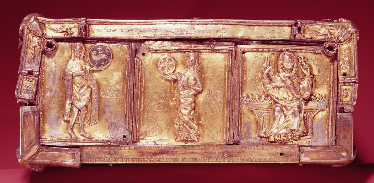 Sidopanel på Domnach Airgid bokhelgedom, Clones, County Monaghan, 800-talet, ombyggd ca 1350 (idegran täckt med tennbelagda brons och silverförgyllda plattor) av Celtic