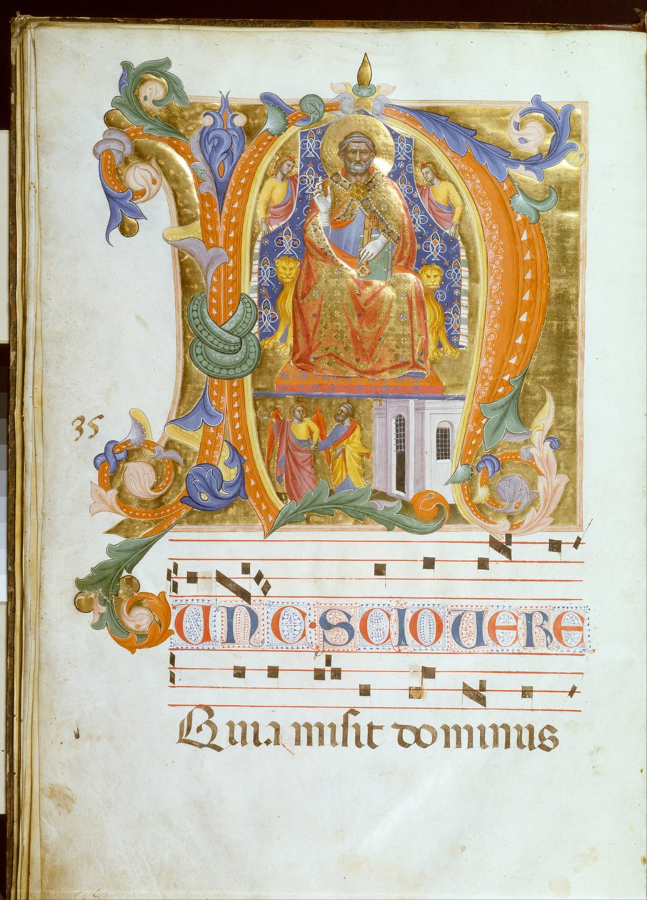 Inledande N med Saint Peter Enthroned and the Liberation of Saint Peter av Cenni di Francesco