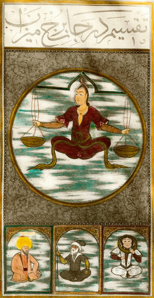 Stjärntecken: representation av balansens astrologiska tecken. Plåt tagen från ett manuskript. Privat samling av Central Asian School