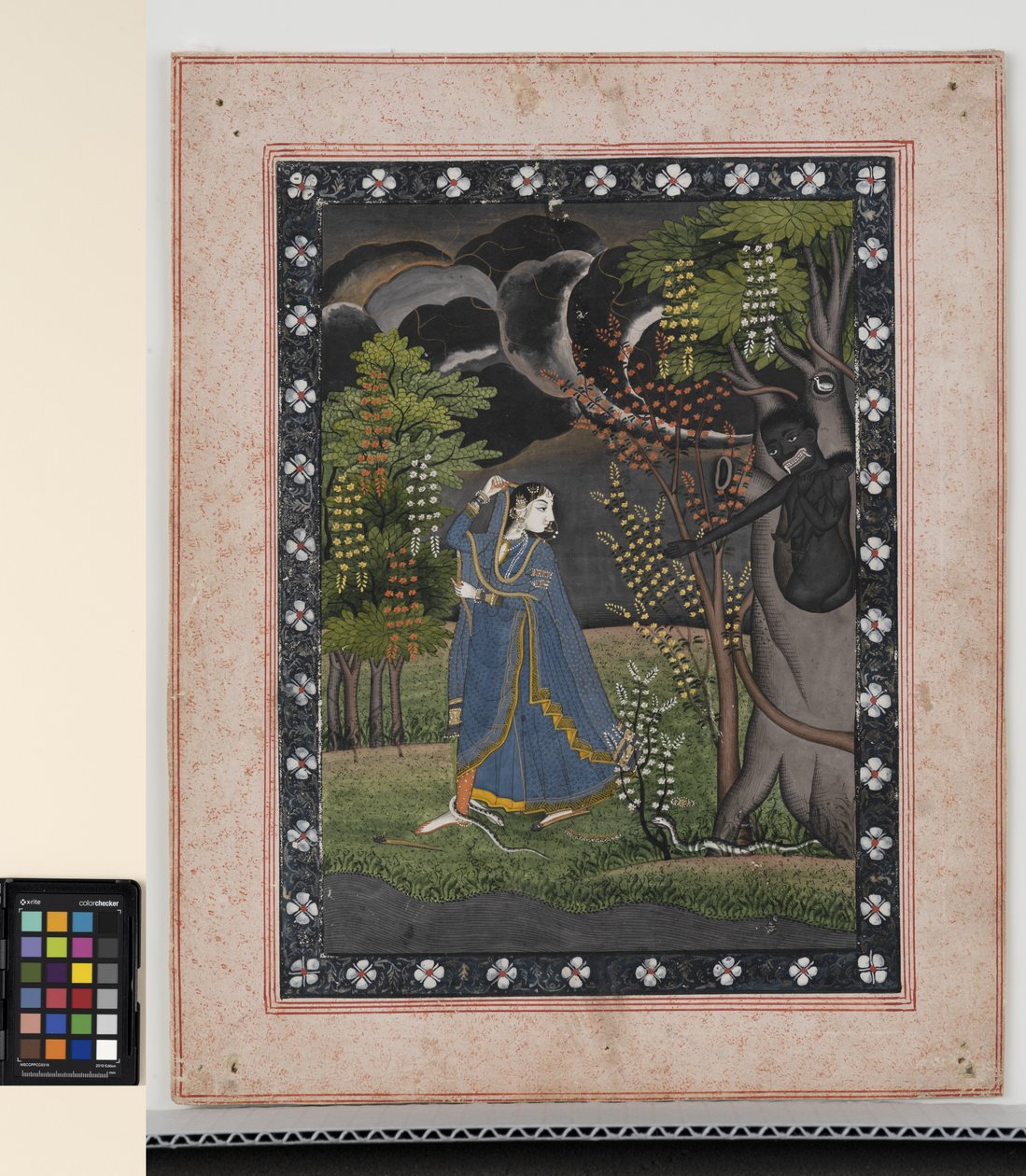 Abhisarika Nayika, ca 1820 (ogenomskinliga pigment och guld på papper) av Central Indian School