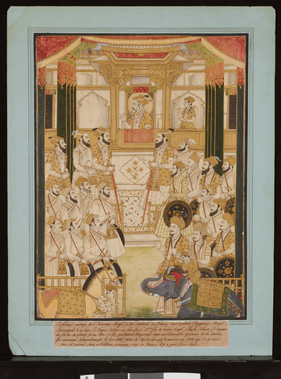 Mughalkejsaren Aurangzebs durbar, ca 1675-1725 (gouache och guldpapper) av Central Indian School
