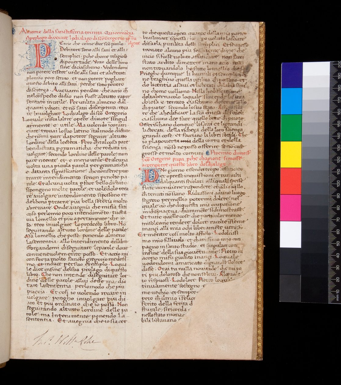 Ms 148. Gregory the Great, Dialogi på italienska övers. av Domenico Cavalca, f.1r Dekorerade bokstäver [P] och [D] i rött med penna-work dekoration i blått av Central Italian School