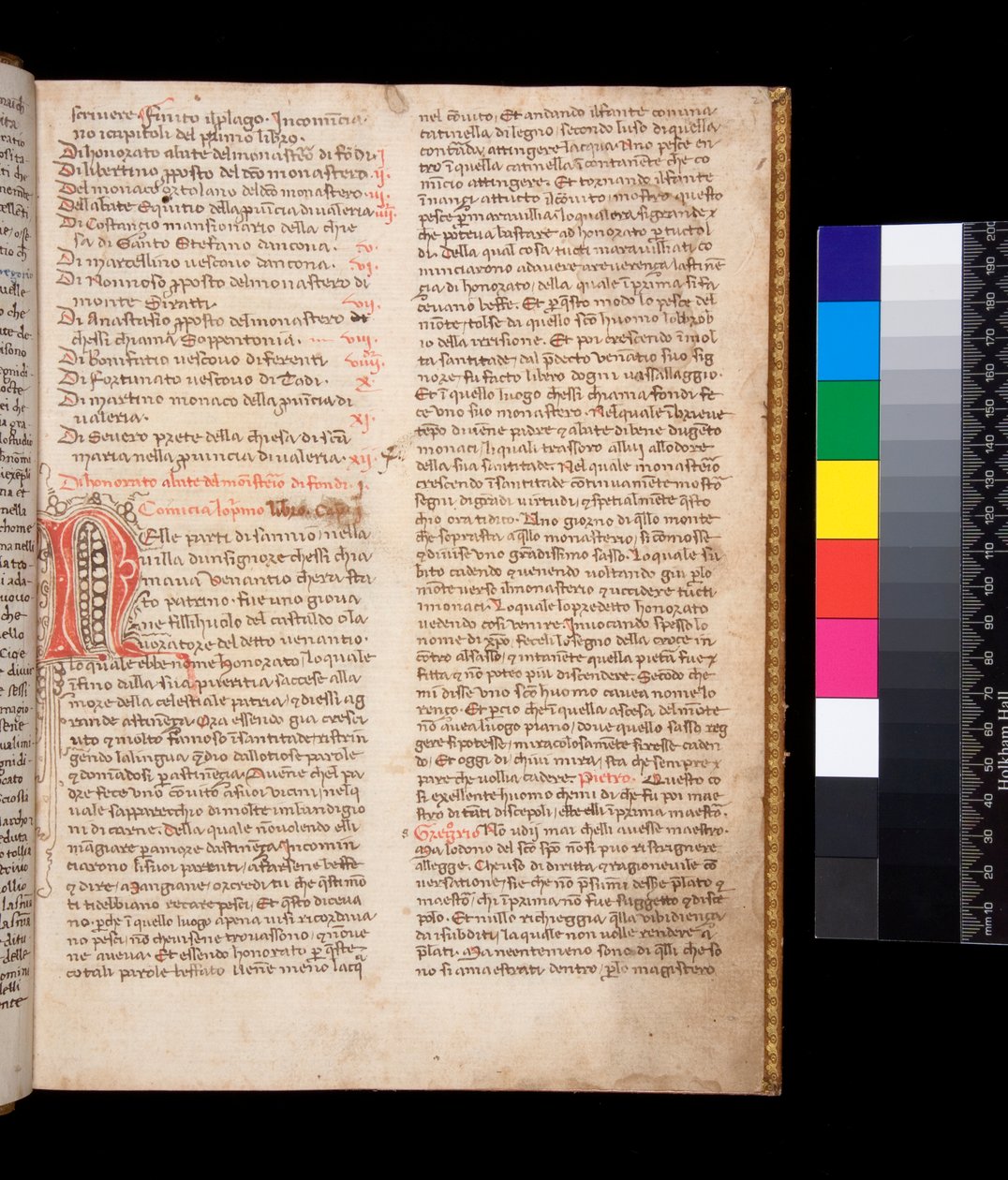 Ms 148. Gregorius den store, Dialogi på italienska övers. av Domenico Cavalca, f.2r Dekorerad bokstav [N] i rött bläck med pennblommor i brunt bläck av Central Italian School