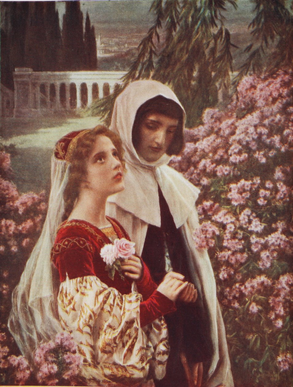 Dante og Beatrice i haven swed av Cesare Saccaggi