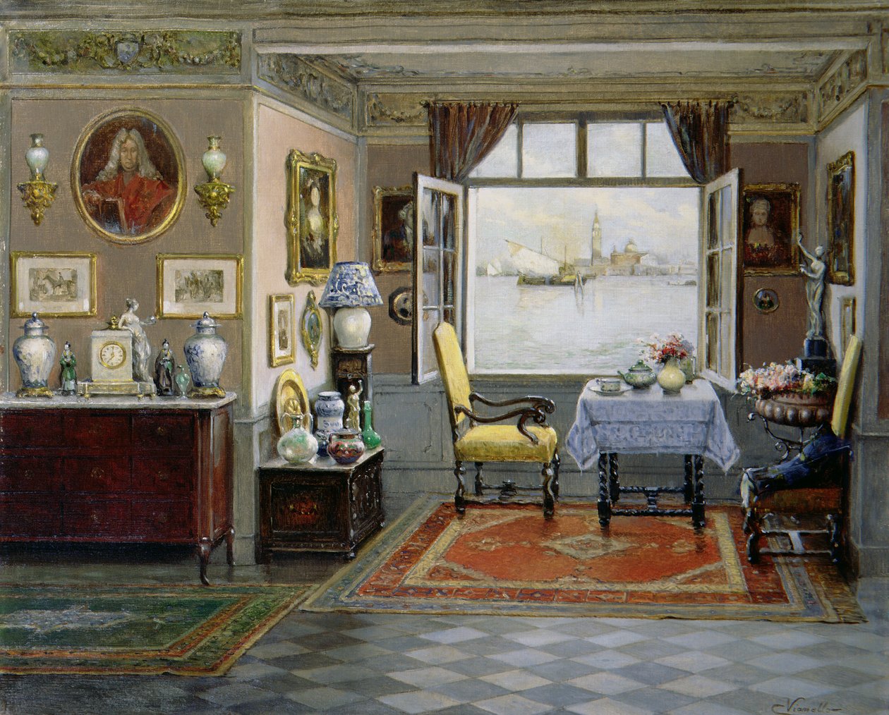 Ett venetianskt hem med utsikt över San Giorgio Maggiore från ett öppet fönster, ca 1900 av Cesare Vianello