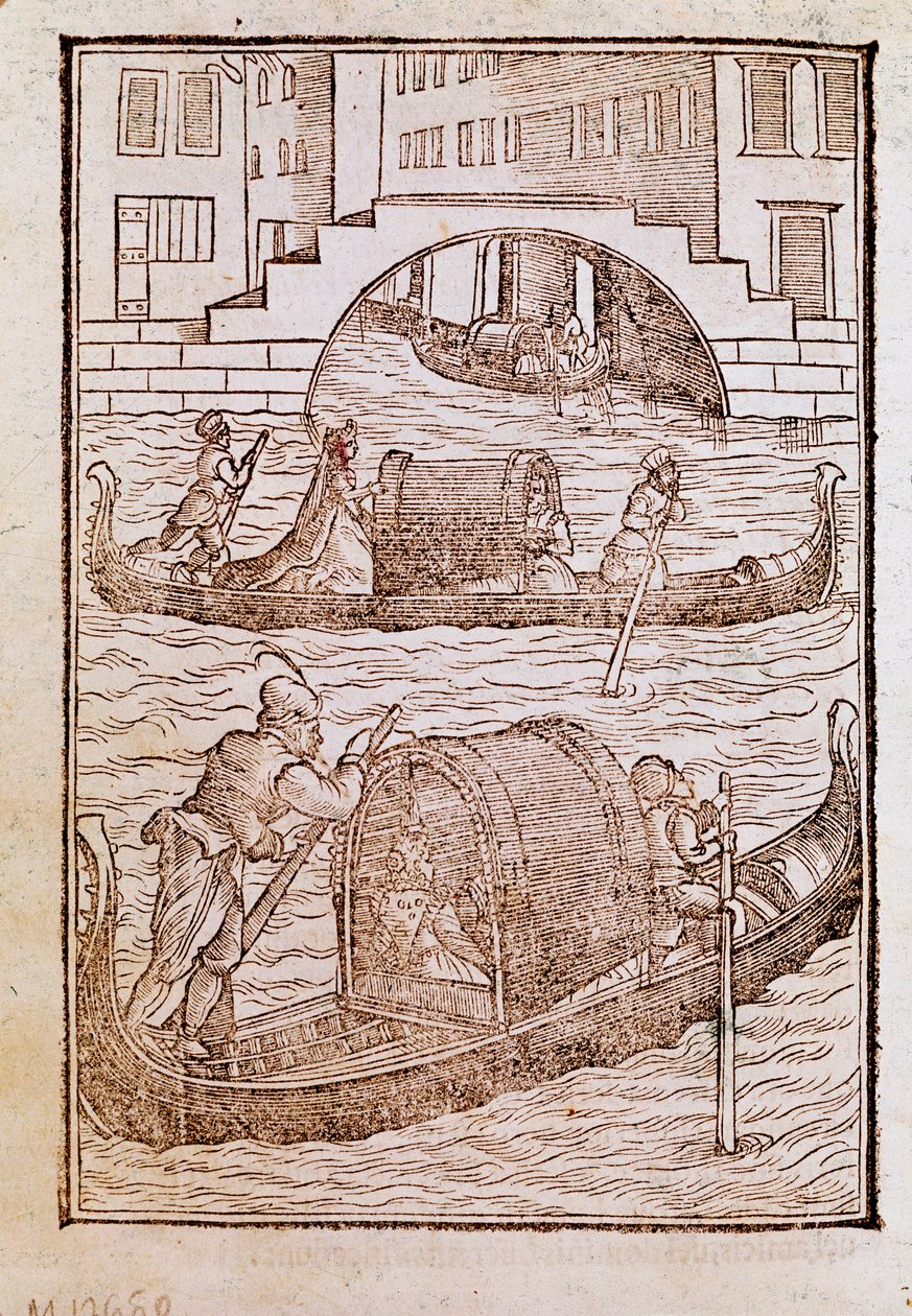 Gondoler i lagunen i Venedig på 1400-talet Gravyr från "" Av gamla och moderna kläder "" av Cesare Vecellio (1521-1601) 1590 Venedig Biblioteca Marciana av Cesare (after) Vecellio