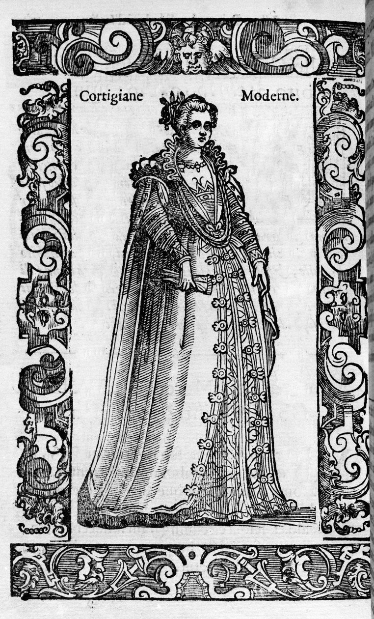 Renässans: en romersk kurtisan på 1500-talet. Gravyr från "" Moderna och antika dräkter"" av Cesare Vecellio av Cesare (attr. to) Vecellio