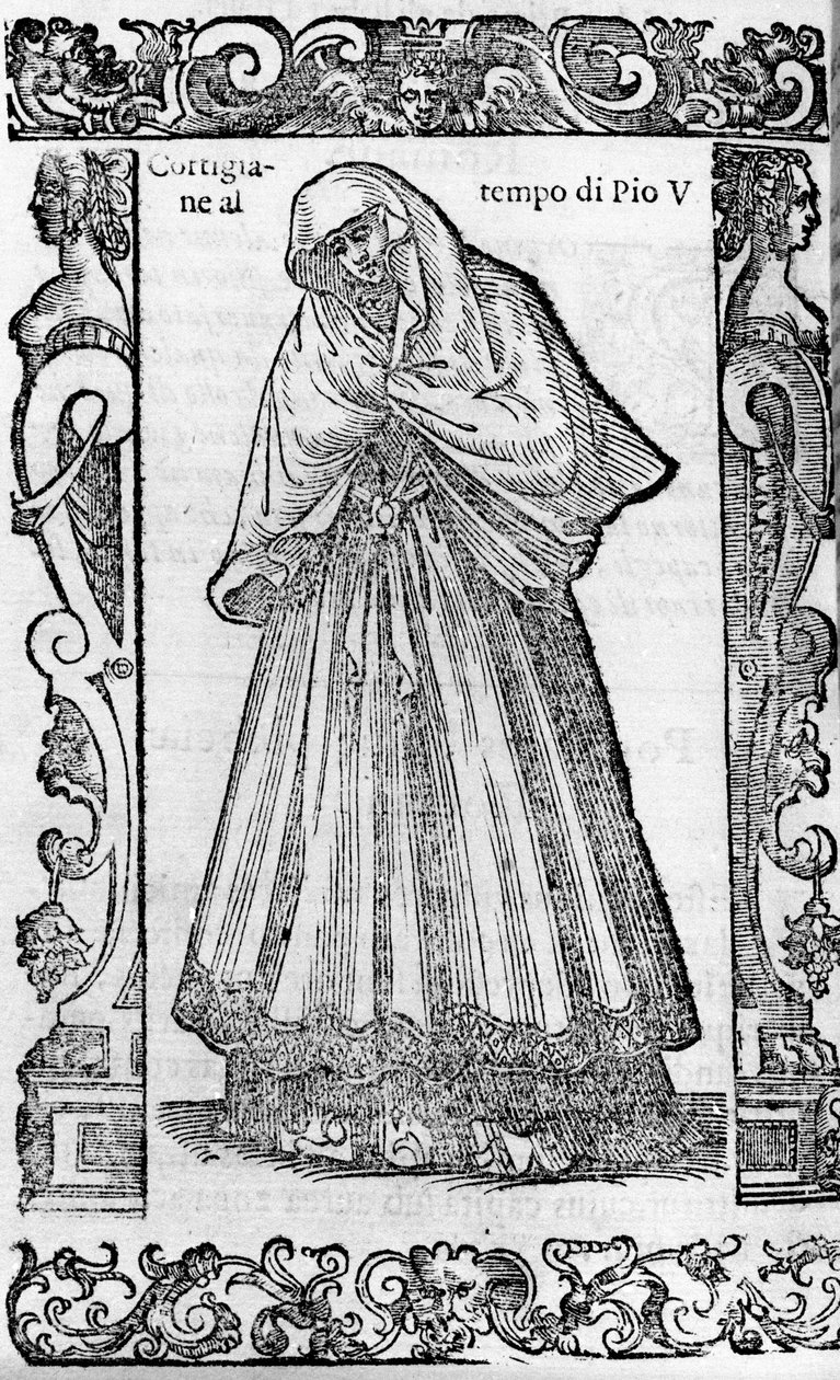 Renässans: en kurtisan på påven Pius V:s tid (1566-1572). Gravyr från "" Moderna och antika dräkter"" av Cesare Vecellio av Cesare (attr. to) Vecellio