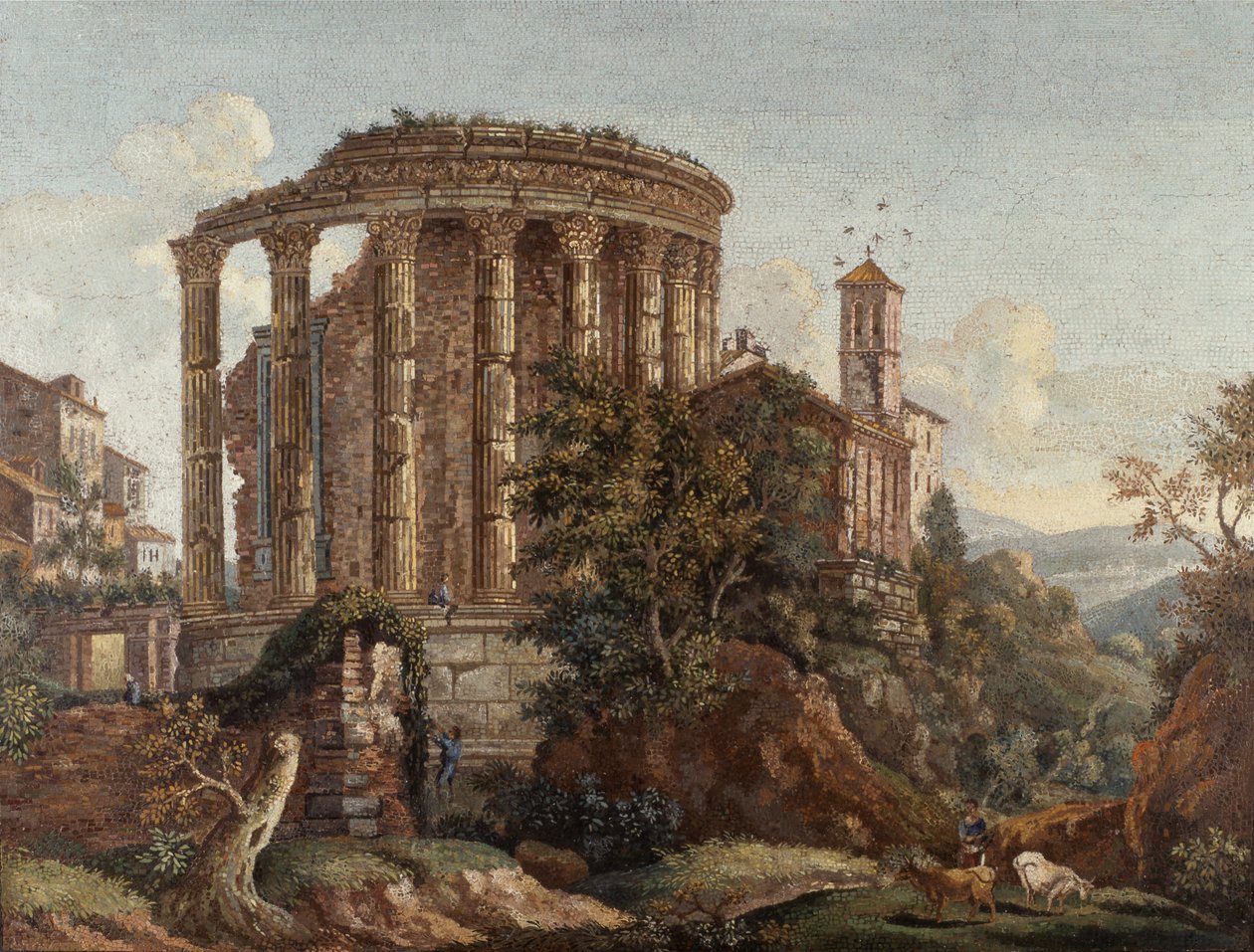 En av ett par romerska mikromosaikbilder "The Temple of Vesta", ca 1774-75 (mosaik) av Cesare Aguatti