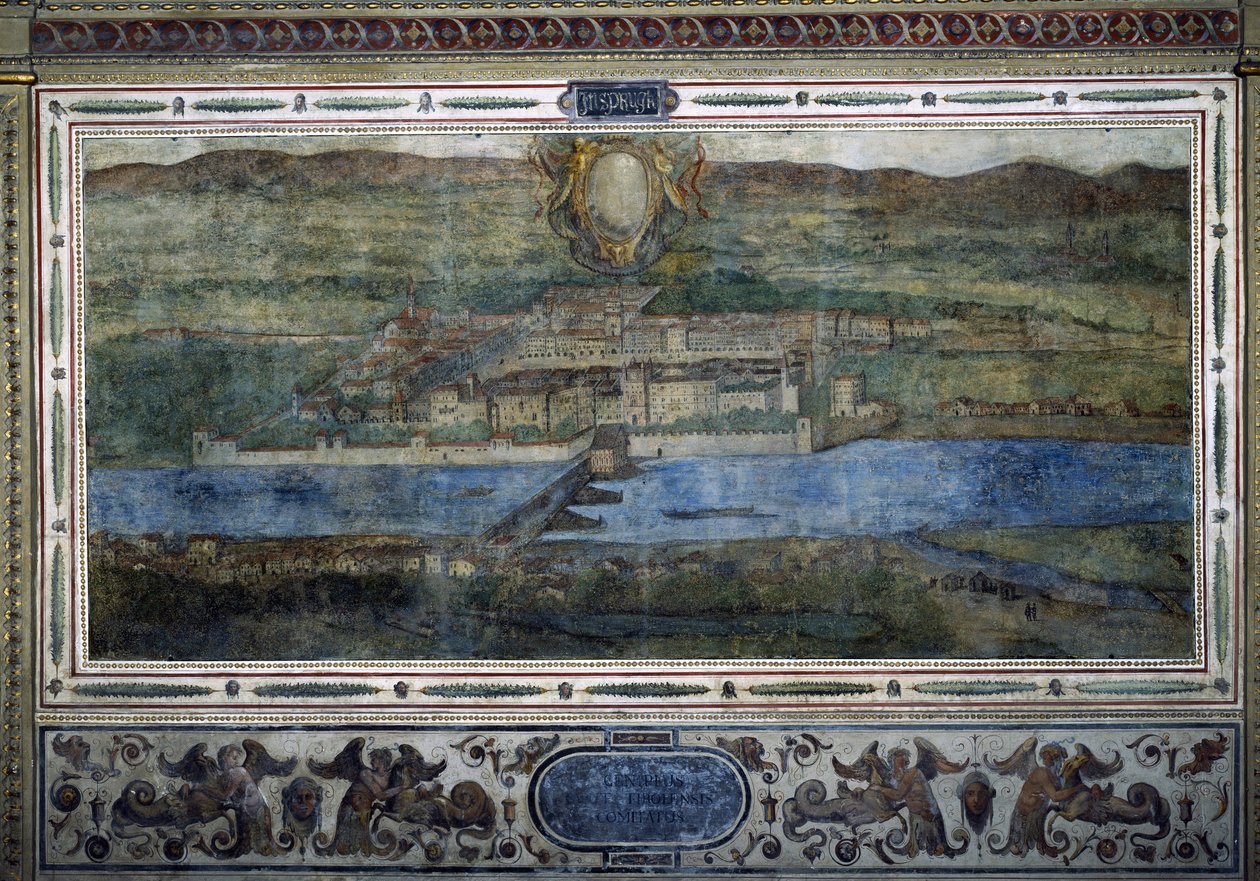 Utsikt över staden Innsbruck, Österrike. Vy över städerna i det Habsburgska riket. Freskomålning från Michelozzo-gården i Palazzo Vecchio i Florens. Målning av Sebastiano Veronese Giovanni Lombardi, Cesare Baglioni och Turino da Piamonte, ca 1565. Storlek av Cesare Baglioni