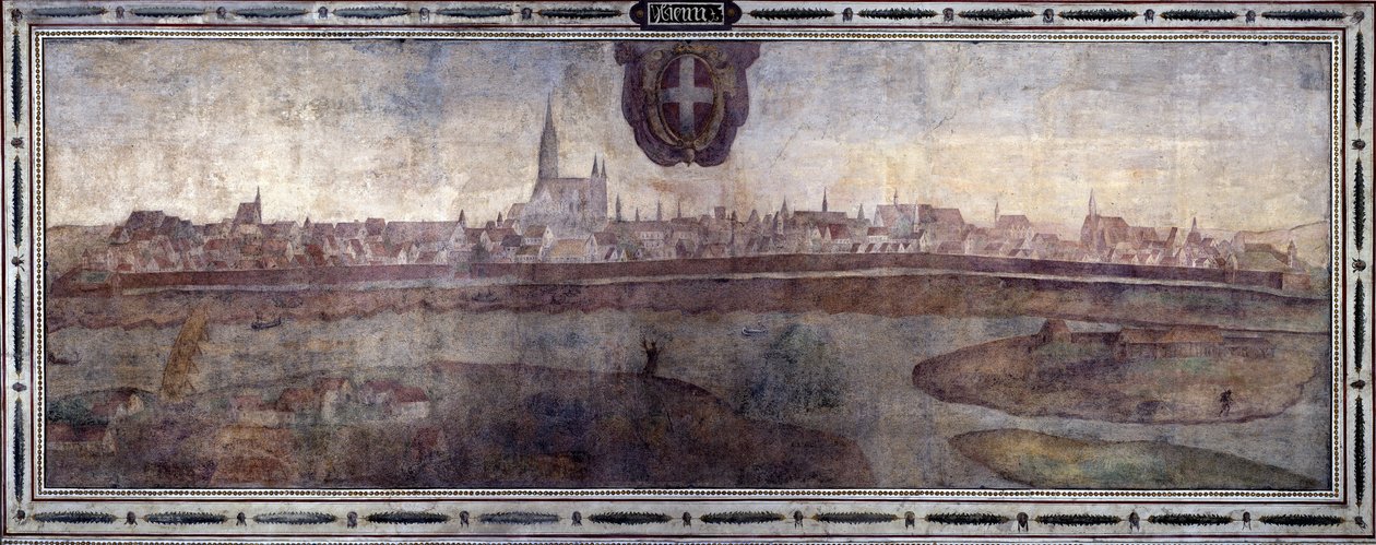 Utsikt över staden Wien, Österrike. Utsikt över städerna i det Habsburgska riket. Freskomålning från Michelozzo-gården i Palazzo Vecchio i Florens. Målning av Sebastiano Veronese Giovanni Lombardi, Cesare Baglioni och Turino da Piamonte, ca 1565. Storlek: av Cesare Baglioni