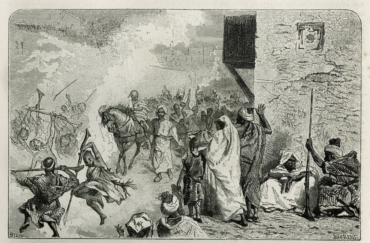 En ung pojke bär i triumf vid återkomsten av omskärelseceremonin, mitt i folkmassan som skjuter pistolskott i luften, medan han skriker och njuter igen, gravyr av C. Biseo för att illustrera historien Le Maroc av Edmondo de Amicis , i av Cesare Biseo