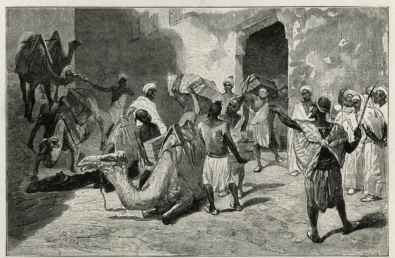 Lastning av kameler från karavanen av berättelsens författare, Atanger, gravyr av Biseo, för att illustrera berättelsen Le Maroc av Edmondo de Amicis, 1875, publicerad i tour du monde, under ledning av Edouard Charton av Cesare Biseo