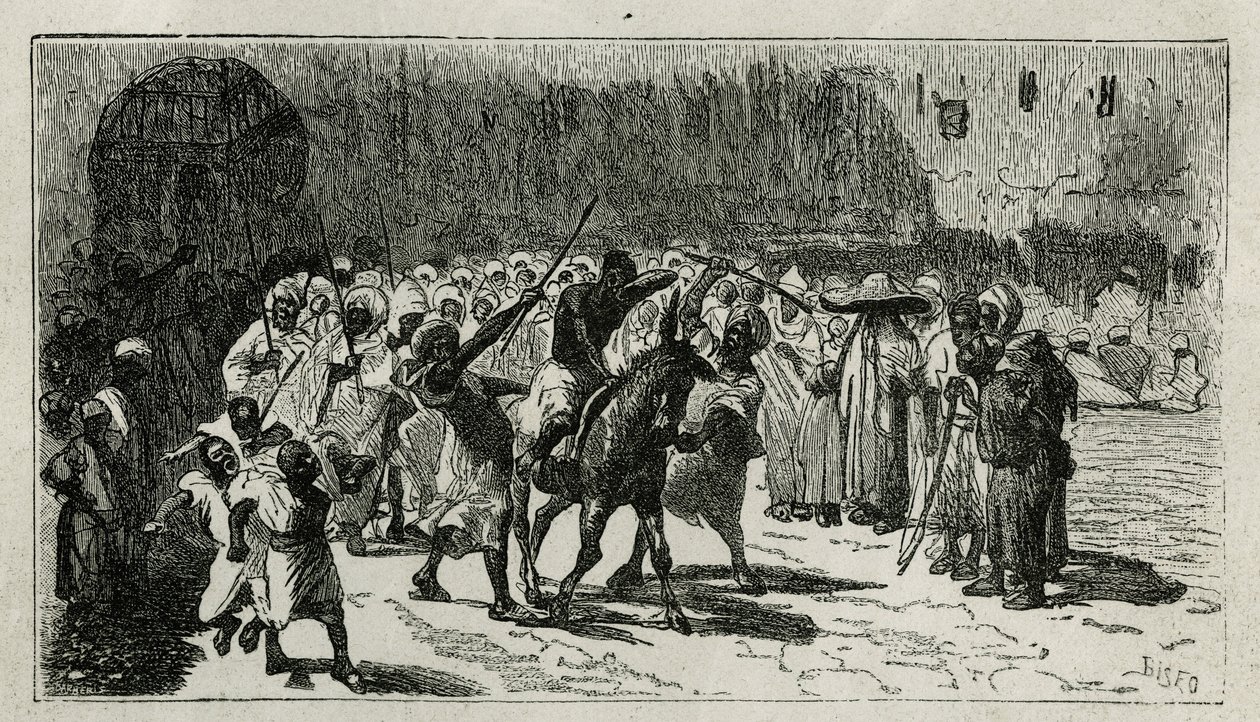 en tjuvs ord, klättrar på en mula, han tar emot batonger under folkmassans färger, graverad av C. Biseo, för att illustrera berättelsen Le Maroc av Edmondo de Amicis, 1875, publicerad i tour du monde, under regi av Edouard Charton av Cesare Biseo