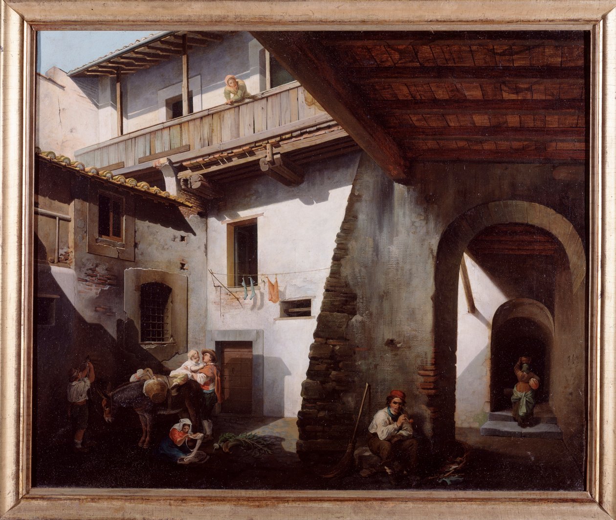 Bönder på innergården till ett värdshus (italienska bönder på ett värdshus) Målning av Cesare Coghetti (verksam mellan 1859 och 1881) 1863 Dim 70x85 cm Genes, Galleria d
