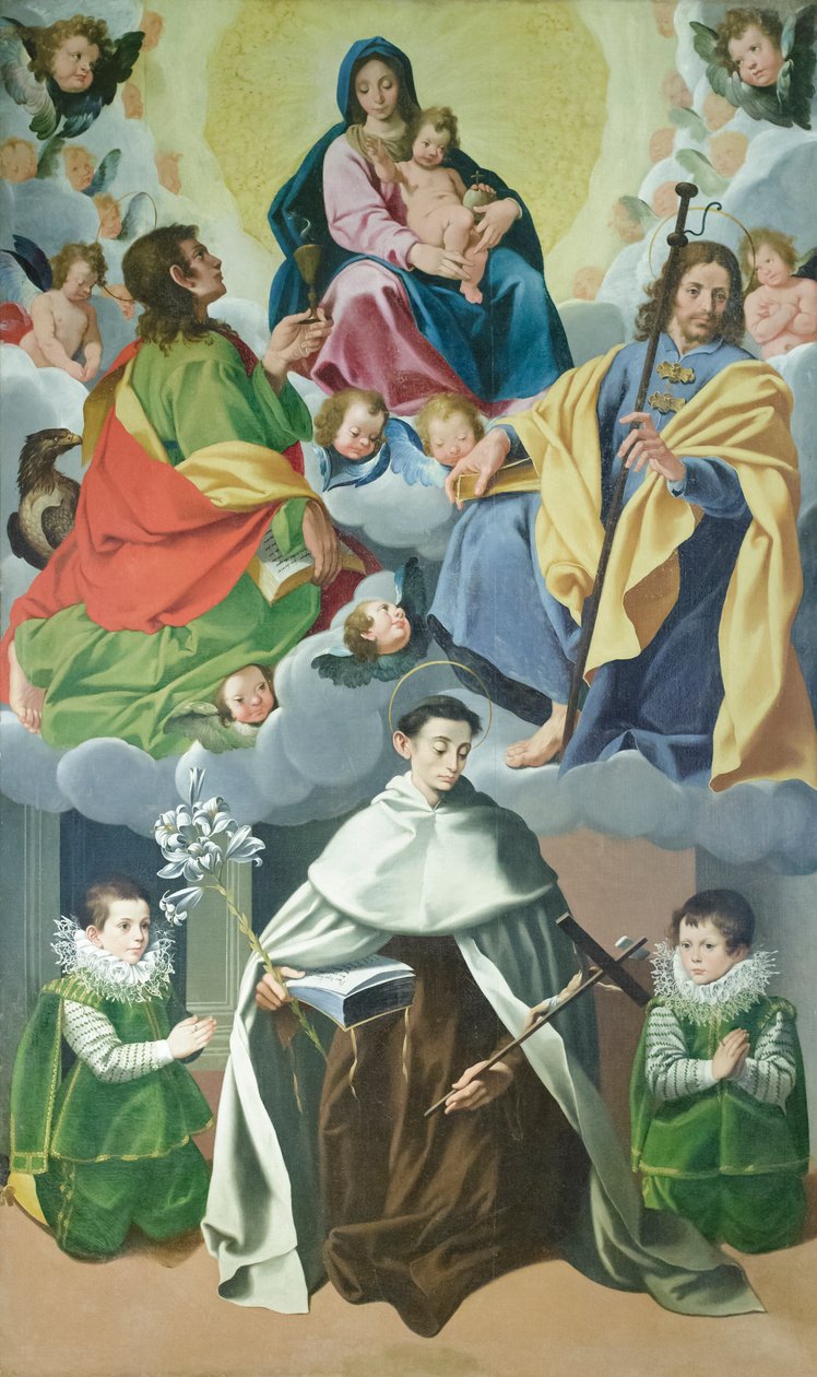 Jungfru med barn och Jakob, Johannes den store, Alberto degli Abati och två barn från Panici-huset, ca 1595-1598 (olja på duk) av Cesare & Conti Vincenzo Conti