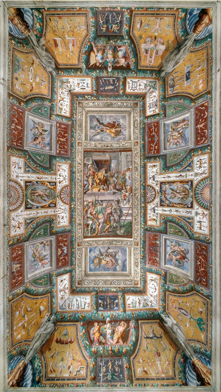 Pier Maria Rossi har äran av Sankt Mikaels Orden, Vy över taket på Sala delle Gesta Rossiane, Rocca dei Rossi, San Secondo, Parma, Italien, ca 1570 (fresk) av Cesare and Jacopo Bertoia and others Baglione